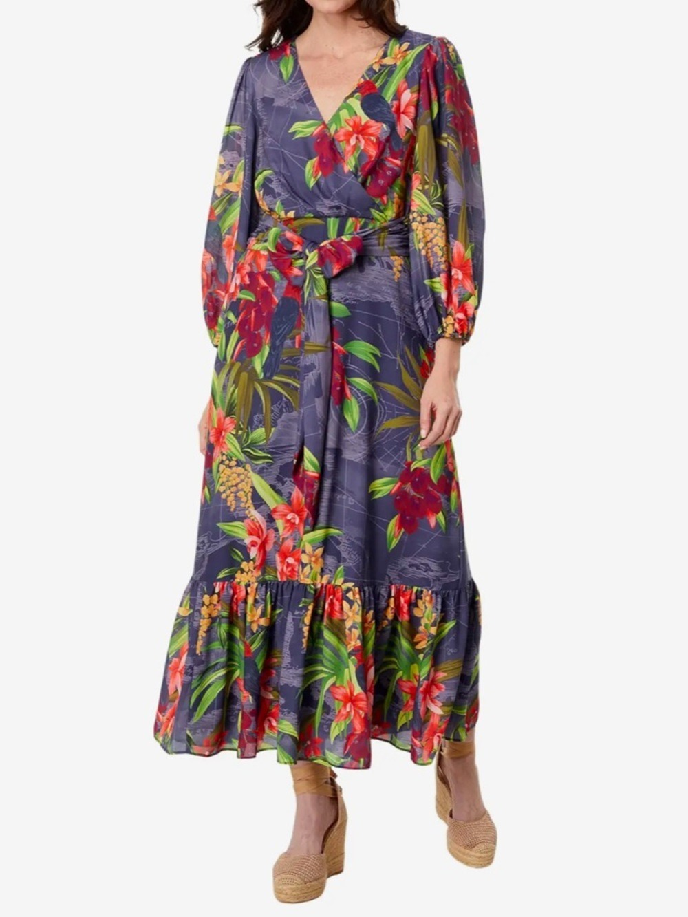 Tommy Bahama Villa Views Purple Floral Maxi Dress with Tropical Print, Size 6.